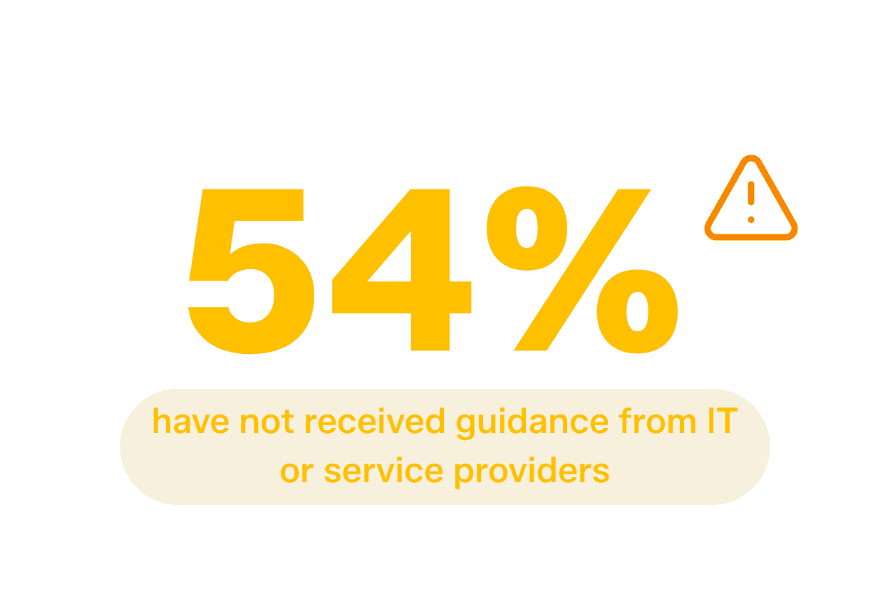 Warning sign next to 54% indicates lack of IT or service provider guidance.